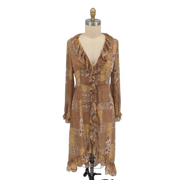 19989 Beyond the Radar Paisley Chiffon Ruffle Dress Brown size Large patchwork - Picture 1 of 6